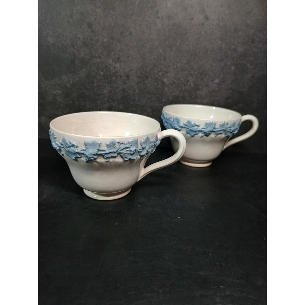 Wedgwood Queen’s Ware Blue on White Embossed Coffee Cups Pair Mixed Condition